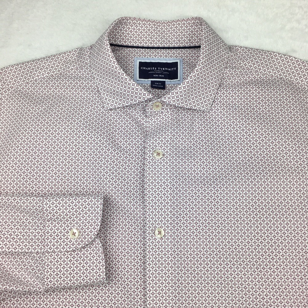 Charles Tyrwhitt Dress Shirt Mens XL Burgundy/Pink Print Slim Fit Non Iron